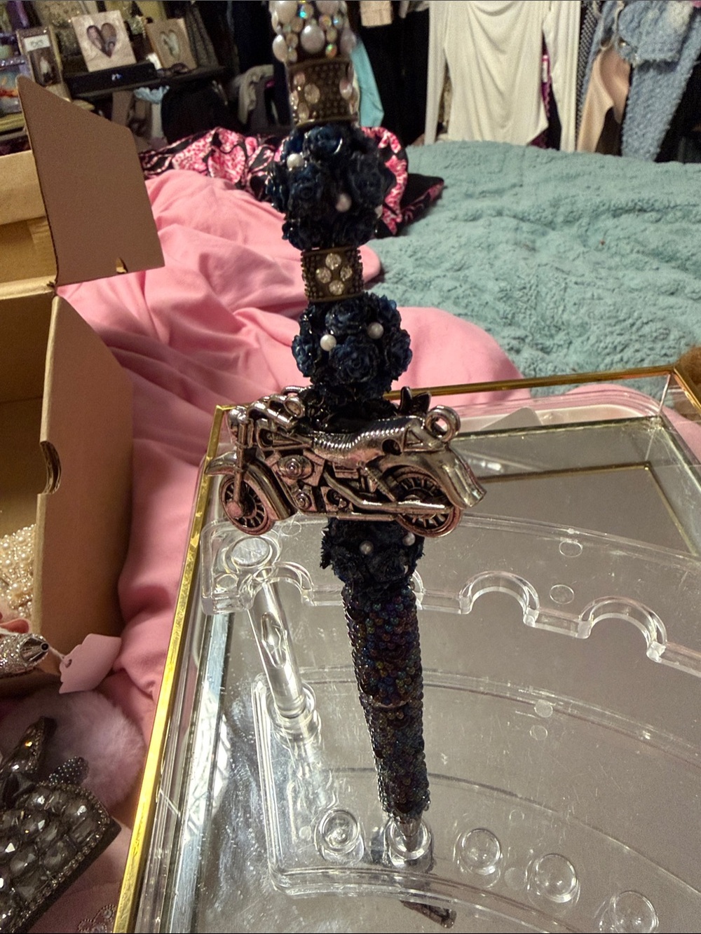 Sparkly Navy Beaded Ballpoint Pen with Motorcycle Charm